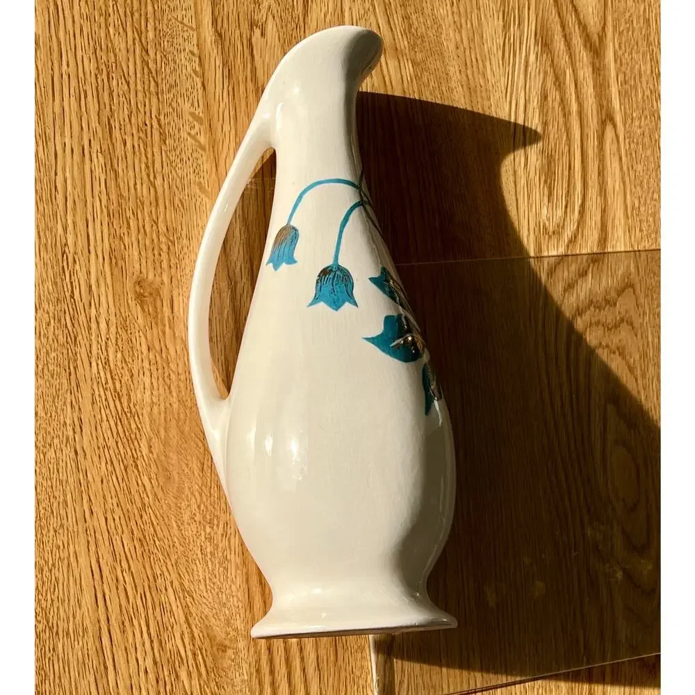 Vintage jug vase or pitcher hand painted blue with gold accents Signed Shelley